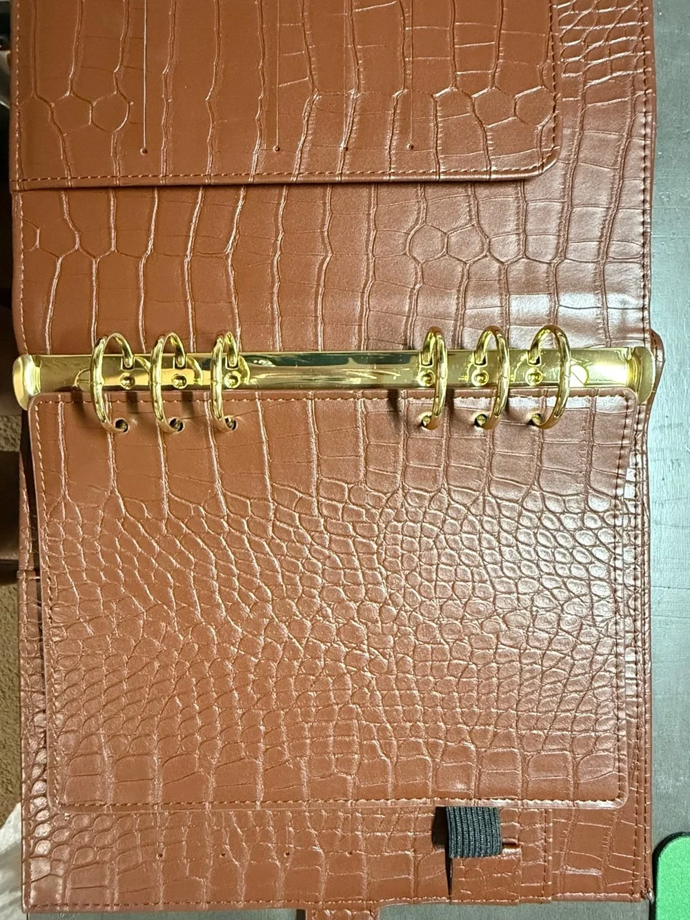 Croc-Embossed Brown Leather-Look Planner with Snap Closure